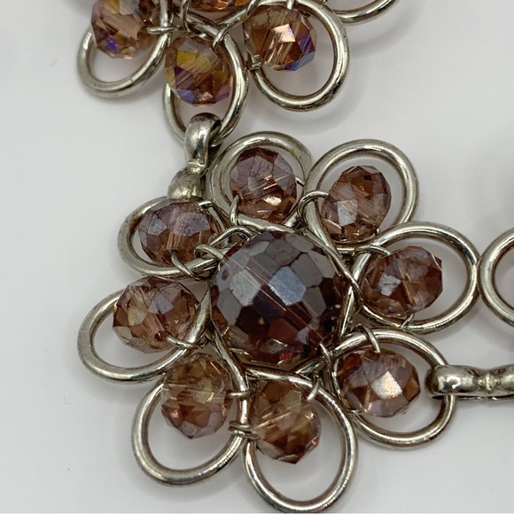 Silver tone open work and iridescent purple glass bead flower link bracelet - Picture 7 of 10